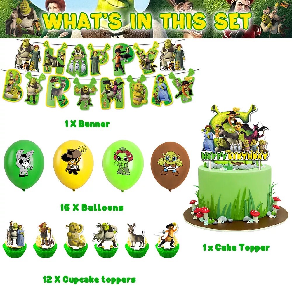 Shrek Birthday Party Supplies Set Balloons Cake Toppers Banner for Kids Party