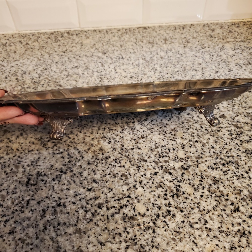 Vintage Ornate Silverplate Serving Tea Tray Footed Scalloped Oval 14" Silver