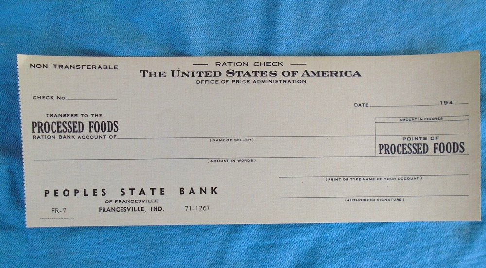 WWII ration check, processed foods, People's State Bank