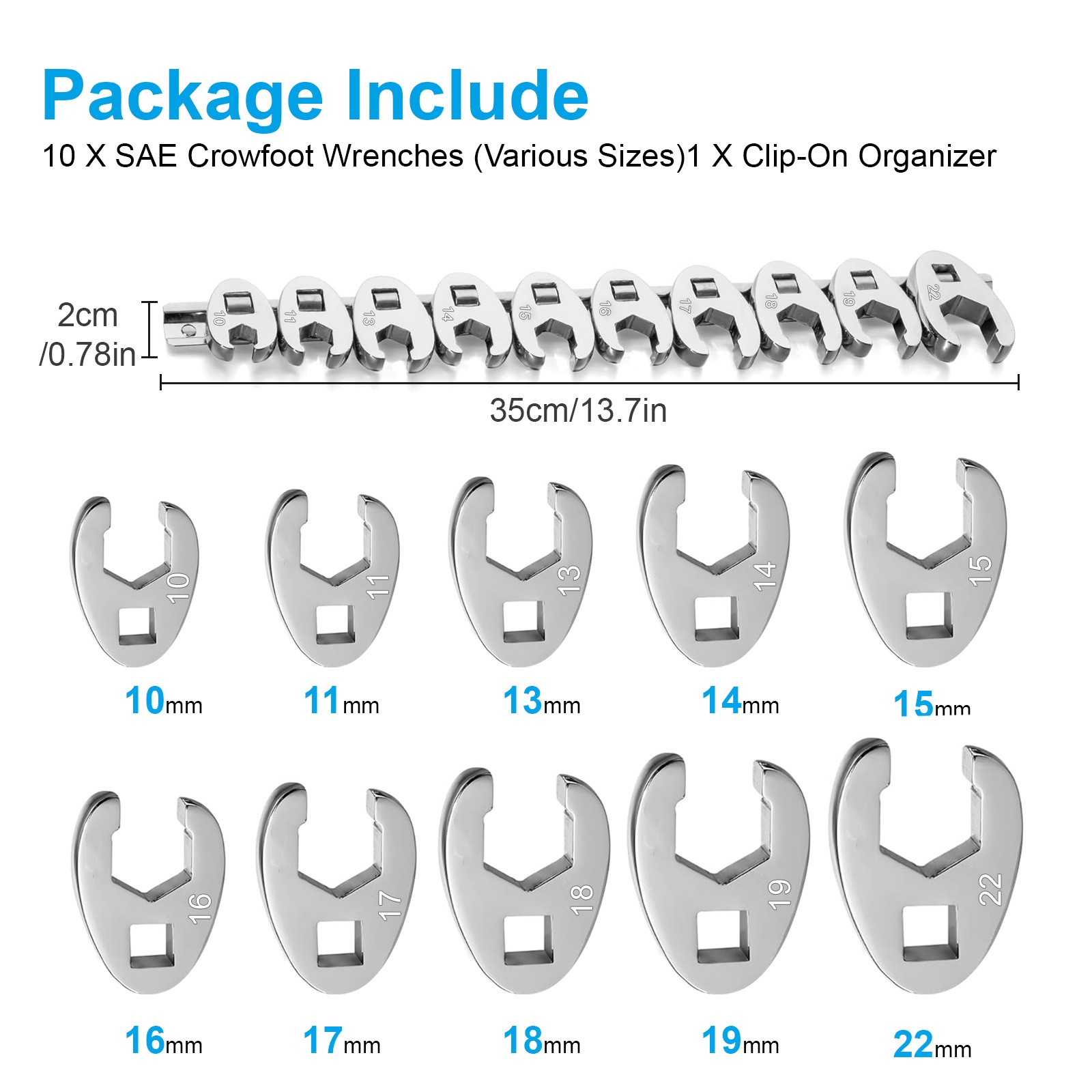 10-in-1 Interchangeable Crow's Foot Wrench Kit 3/8" Drive for Auto & Home Repair