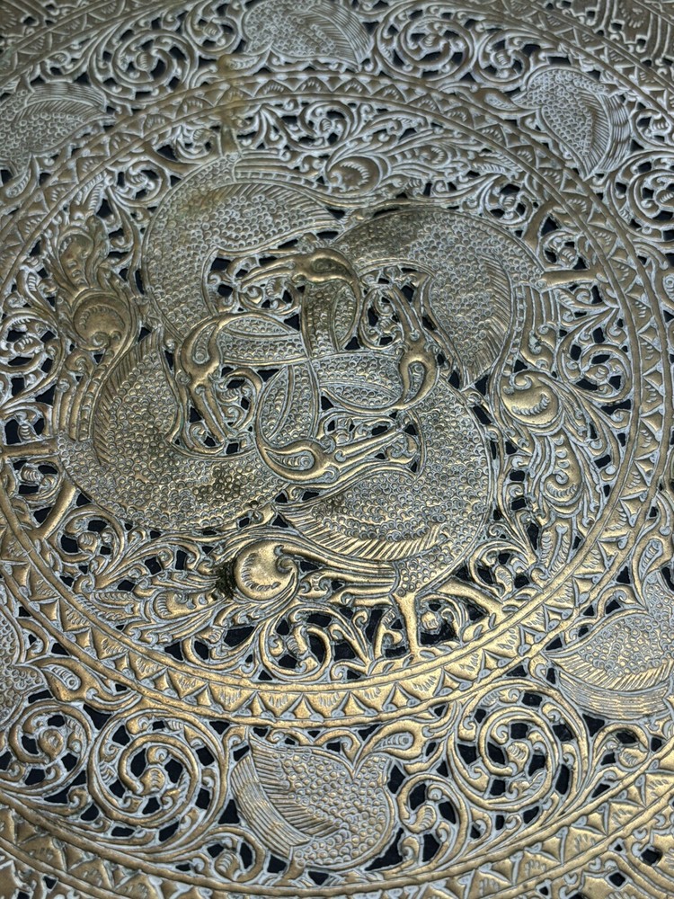 Handcrafted Middle Eastern Hammered Brass Tray Interlocking Peacock Design