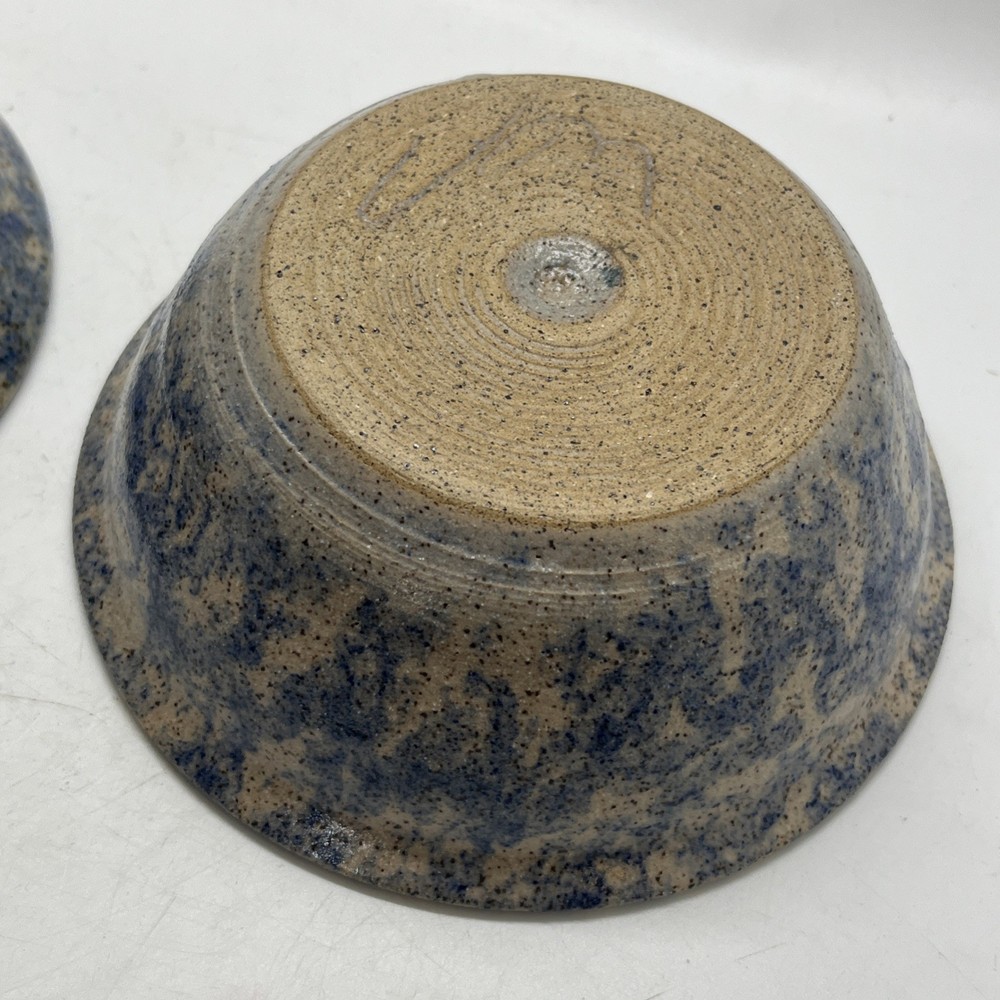 2 Stoneware Apple Bakers Hand Made Ceramic Studio Pottery Blue Sponge Signed