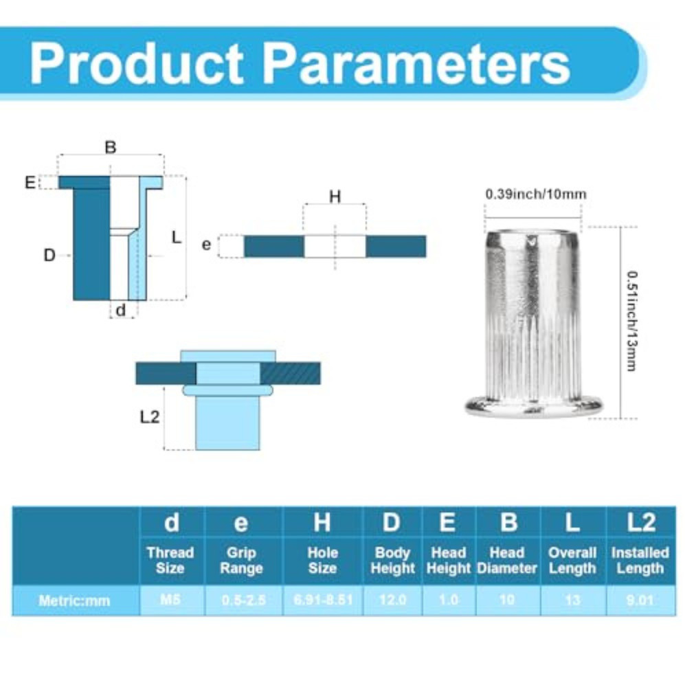 100pcs M5 Rivet Nuts Stainless Steel Rivet Nuts Flat Head Threaded Insert Nutser