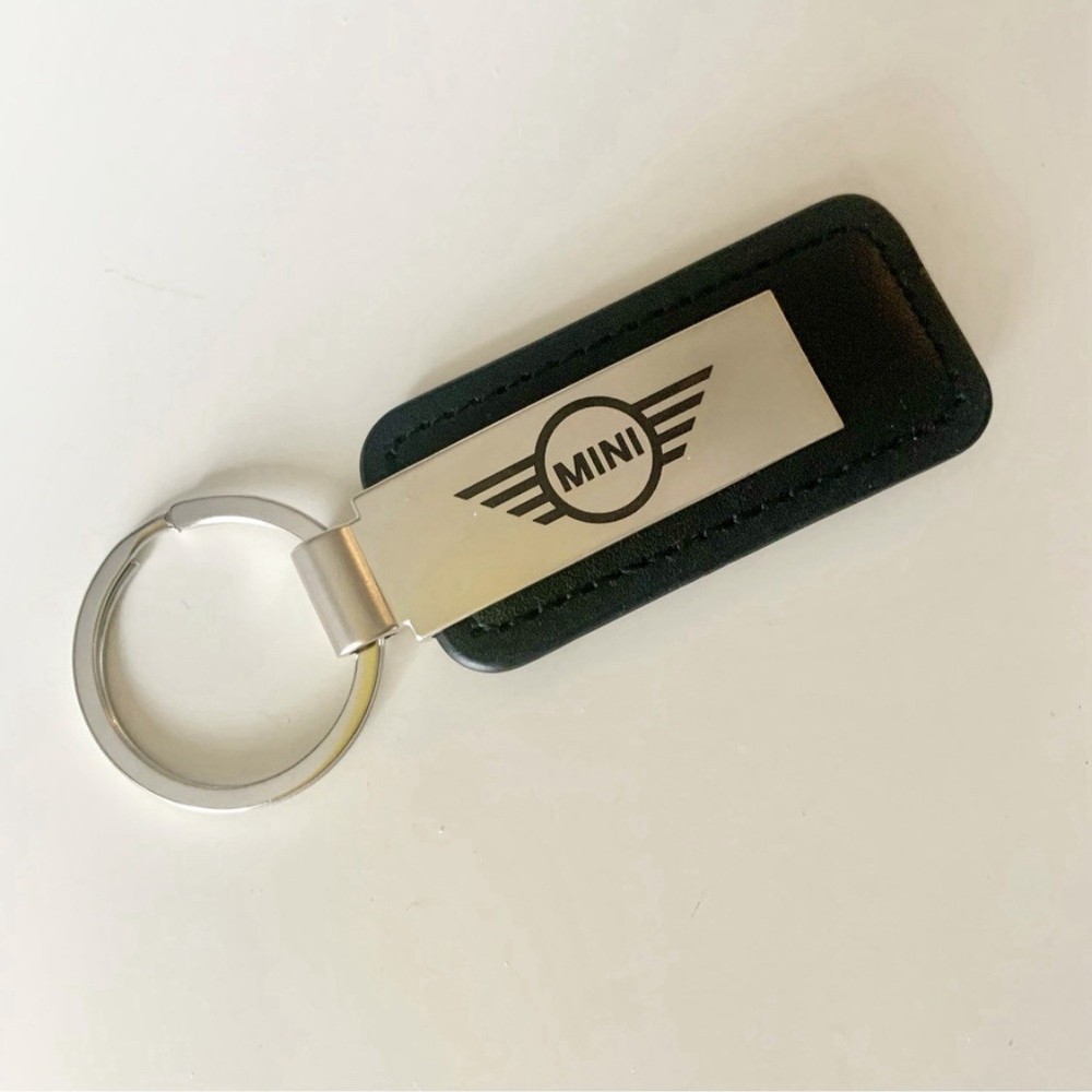 MINI Cooper Leather Silver Name Plate Keychain Key Ring