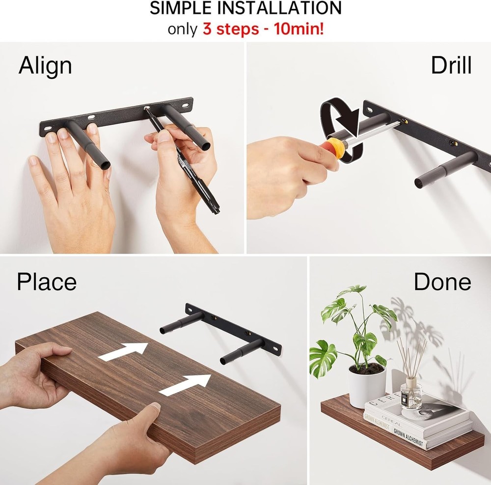 Set of 3 Floating Shelves - Rustic Walnut-Like Wall Mounted Storage Solution