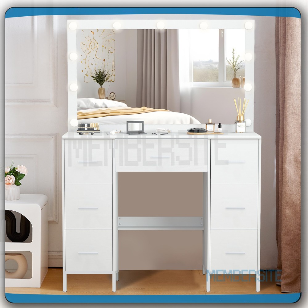 Vanity Desk Set With Large Mirror Makeup Dressing Table w/ 7 Drawers & Bar Pull