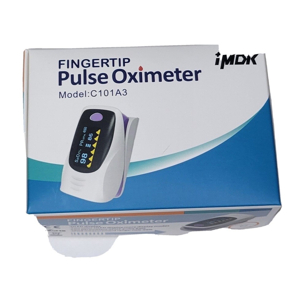 IMDK Fingertip Pulse Oximeter Model:C101A3 OLED display shows SPO2, Pulse Rate 
