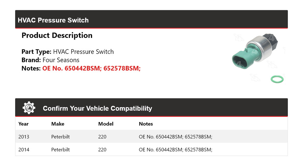 For 2013-2014 Peterbilt 220 HVAC Pressure Switch 4 Seasons