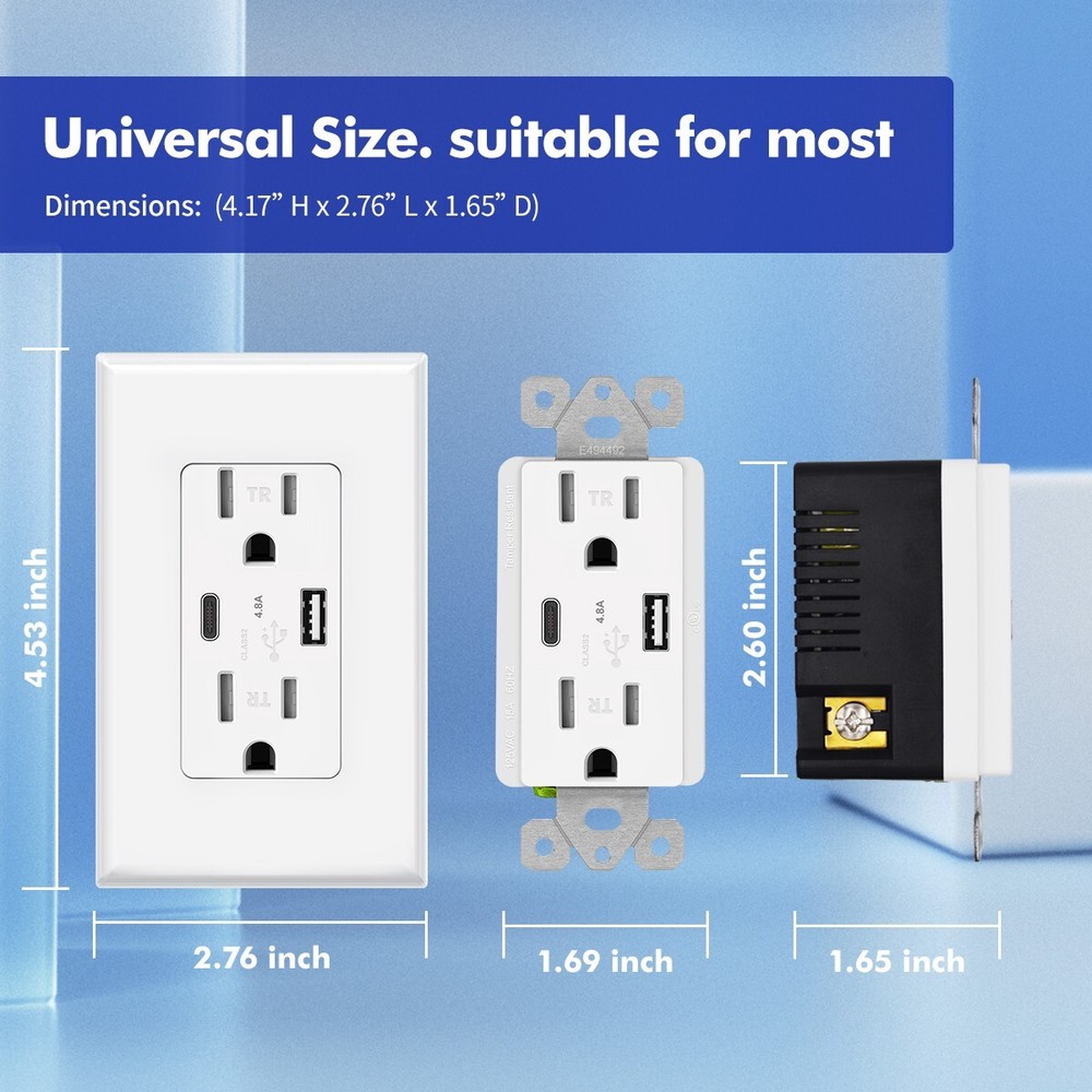 USB Type C Wall Outlet Duplex Receptacle 15A, Smart 4.8A Quick Charging, 10pack