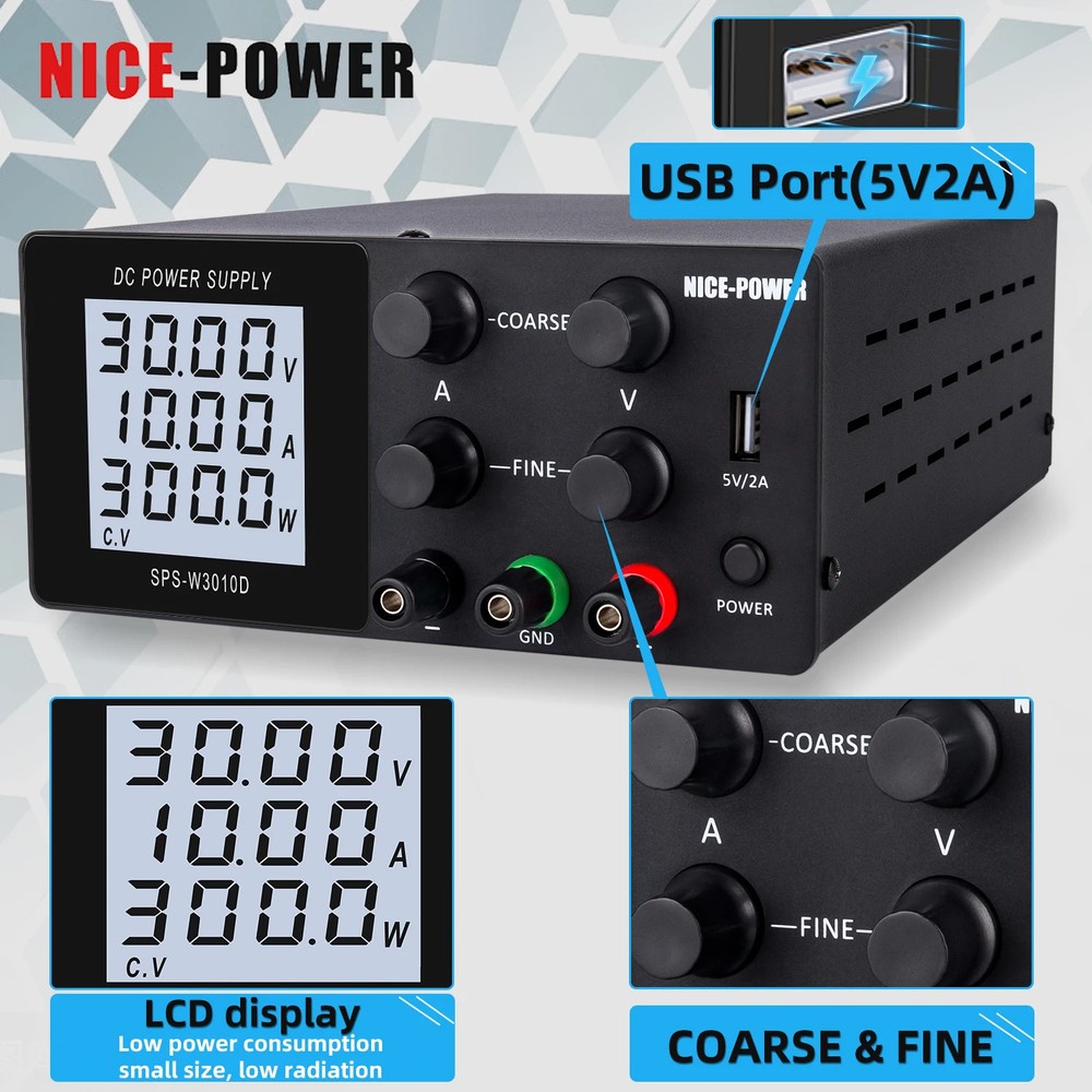 10A Lab Adjustable DC Power Supply with 4-Digit LCD Display USB Switch Voltage