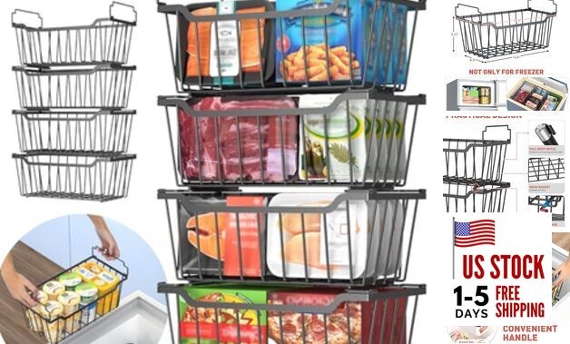 Freezer Organizer Bins with Foldable Handle Pack Stackable Freezer 8 Black