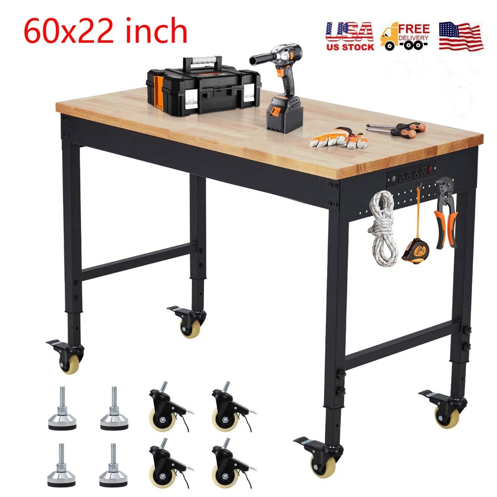 60" Adjustable Height Workbench 2000 LBS Workstation W/ 9.8FT Cable & Casters US