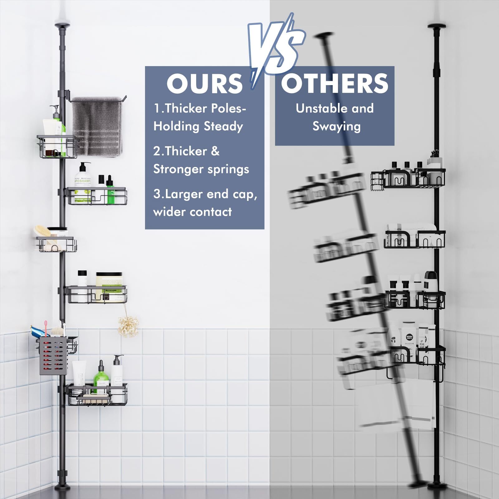 7-Tier Shower Caddy Organizer Tension Pole, Rustproof Corner Shelf for Bathroom