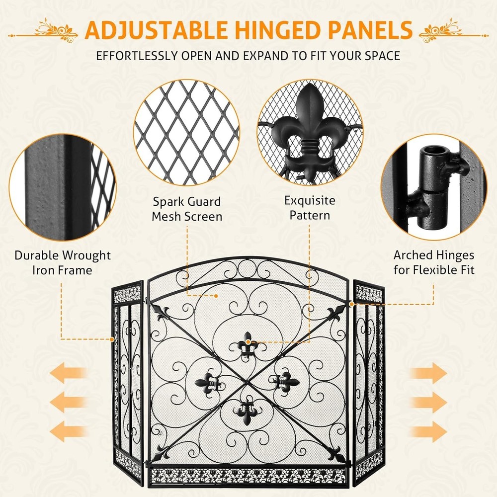Fireplace Screen 3 Panel Cover Stand Alone Unit for Flexible Placement and Use