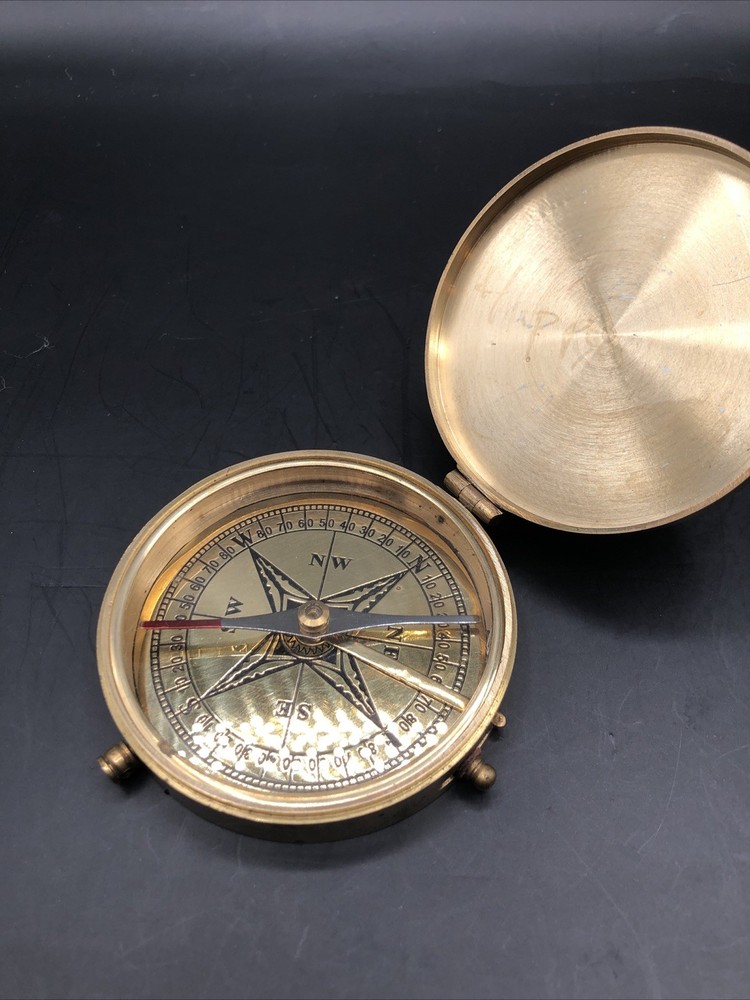 Vintage Solid Brass Pocket Compass 3 In Push Button Lock Collector Gift