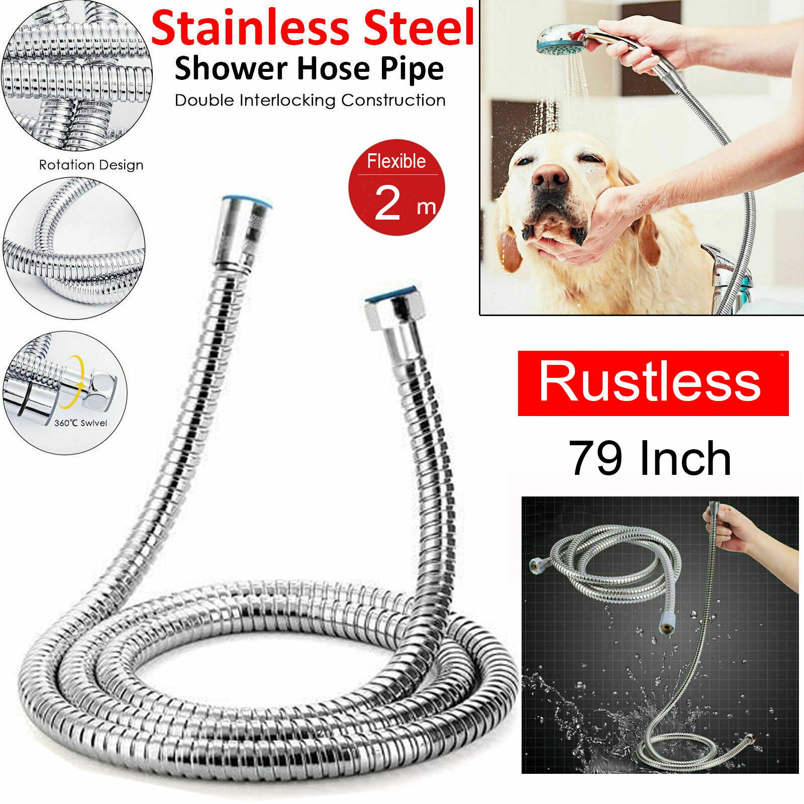 79" Shower Head Hose Handheld Extra Long Stainless Steel Bathroom Flexible Tube