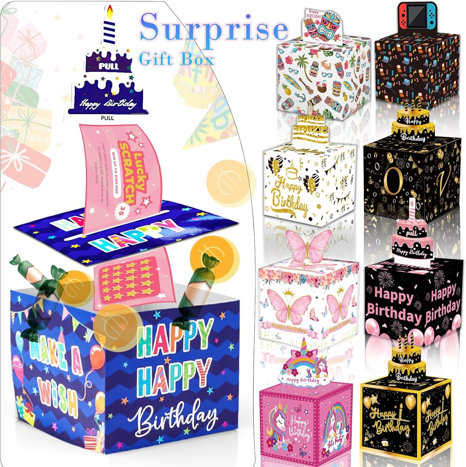 Birthday Money Box for Cash Gift Pull, Surprise Money Roll Gift Box with Pull Ou