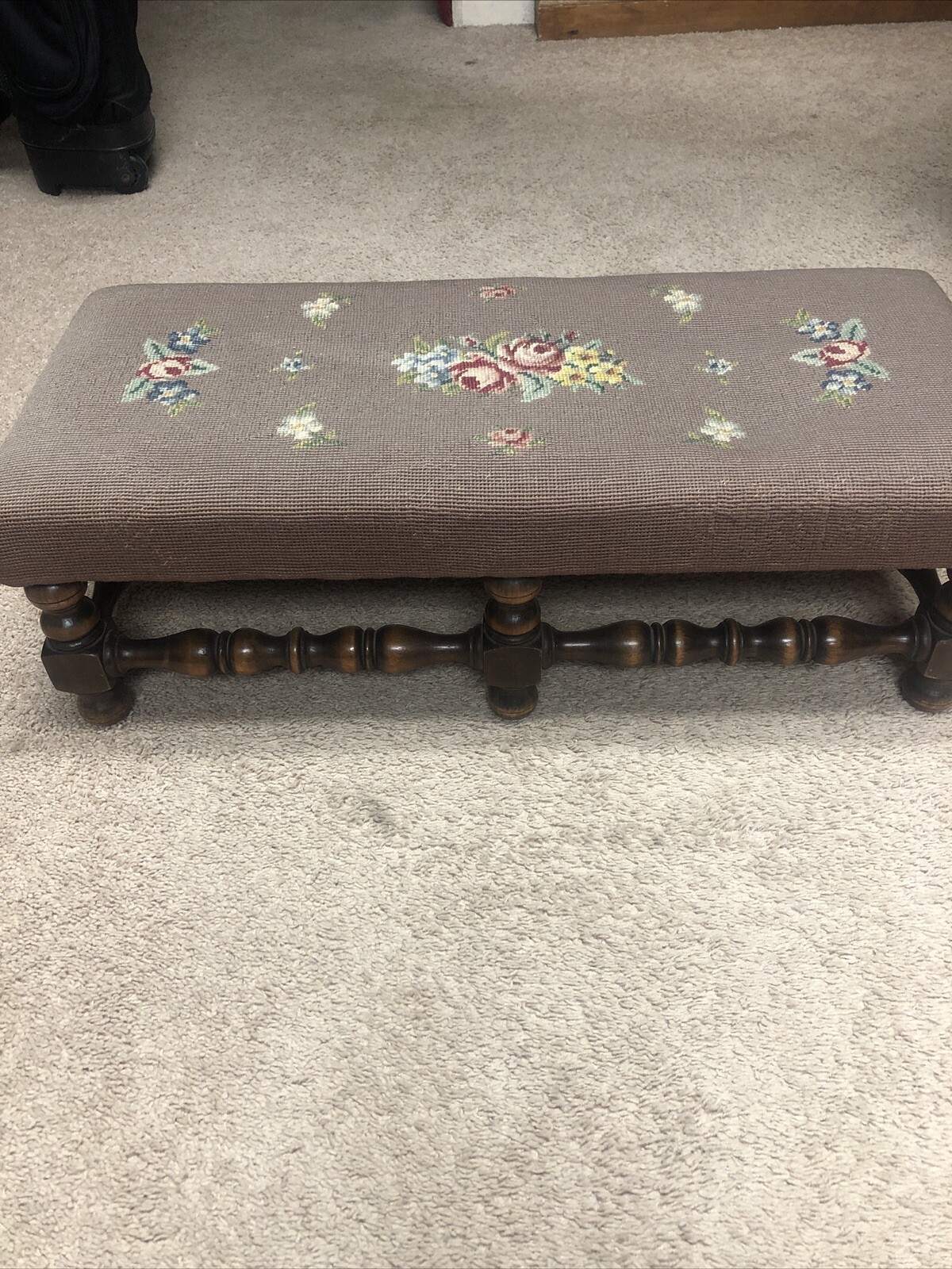 Antique Wood KITTENGER Footstool Ottoman Embroidered Needlepoint Flowers Rare