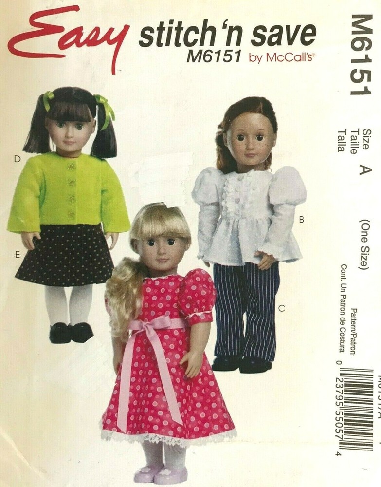 McCall's Doll Wardrobe Pattern M6151 Size 18" UNCUT