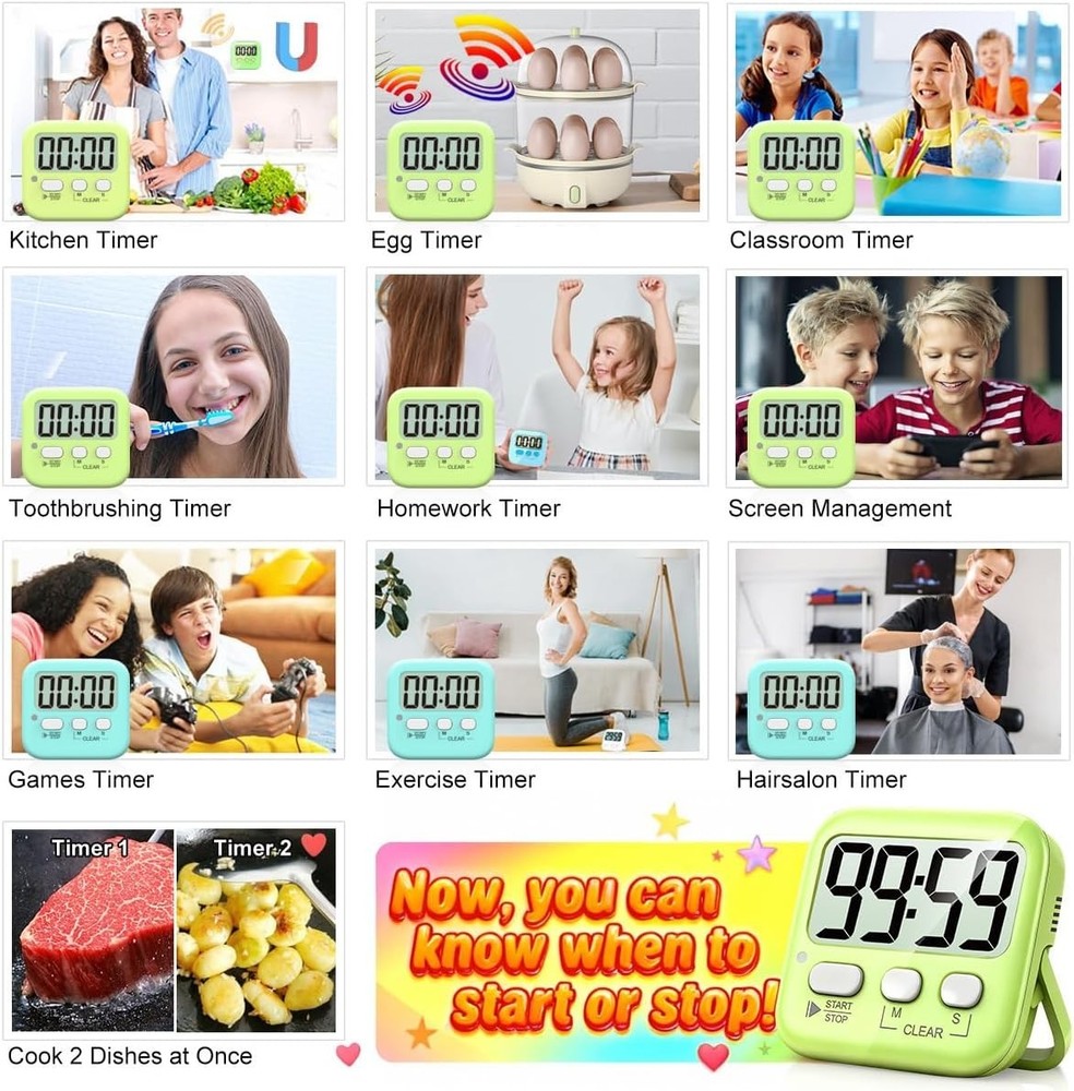 2 Pack Digital Timer for Kids, Magnetic Countdown Kitchen Timers for Cooking,...