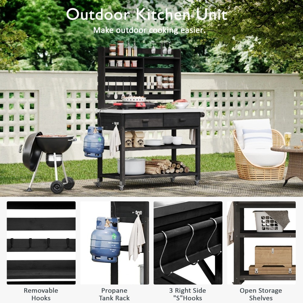 64.9"H Solid Wood Potting Bench Table w/ Lockable Wheels,Outdoor Kitchen Storage