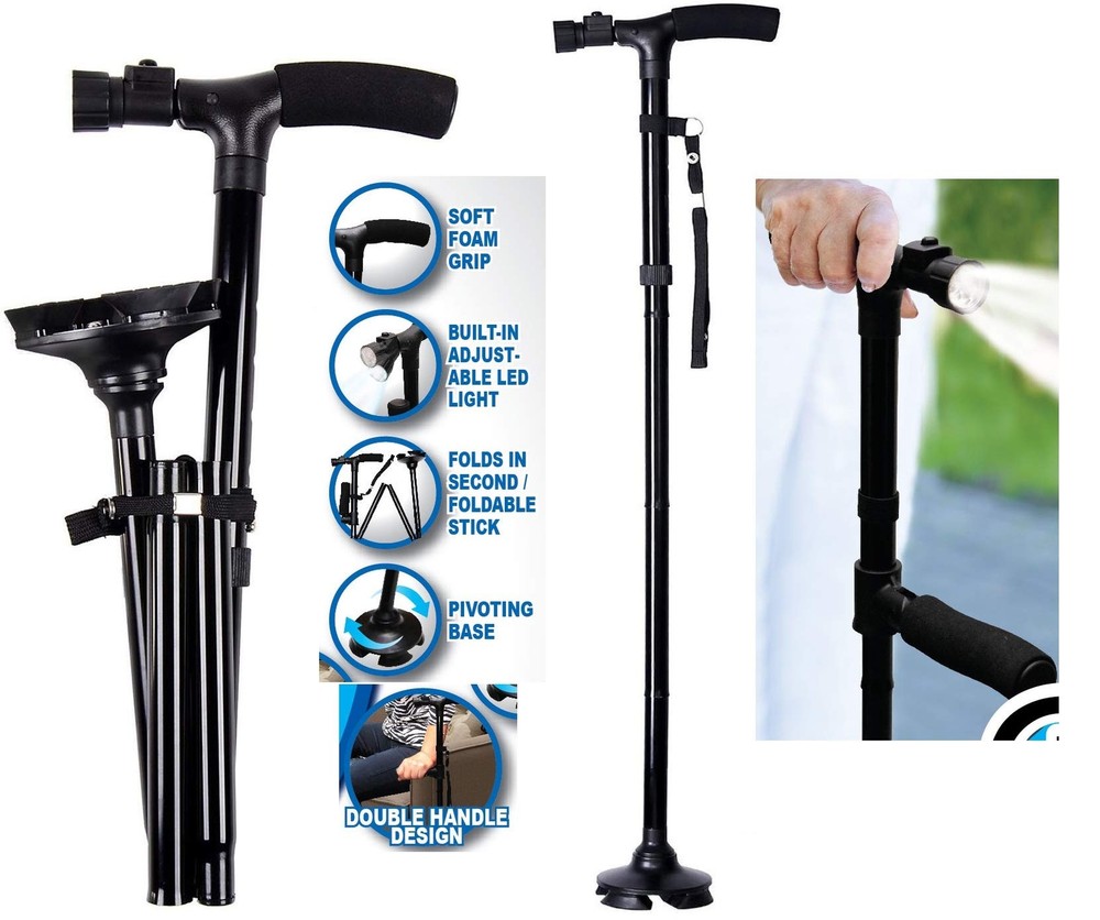 Easy Twin Grip Adjustable Cane Dependable Folding Cane with Built in LED Light