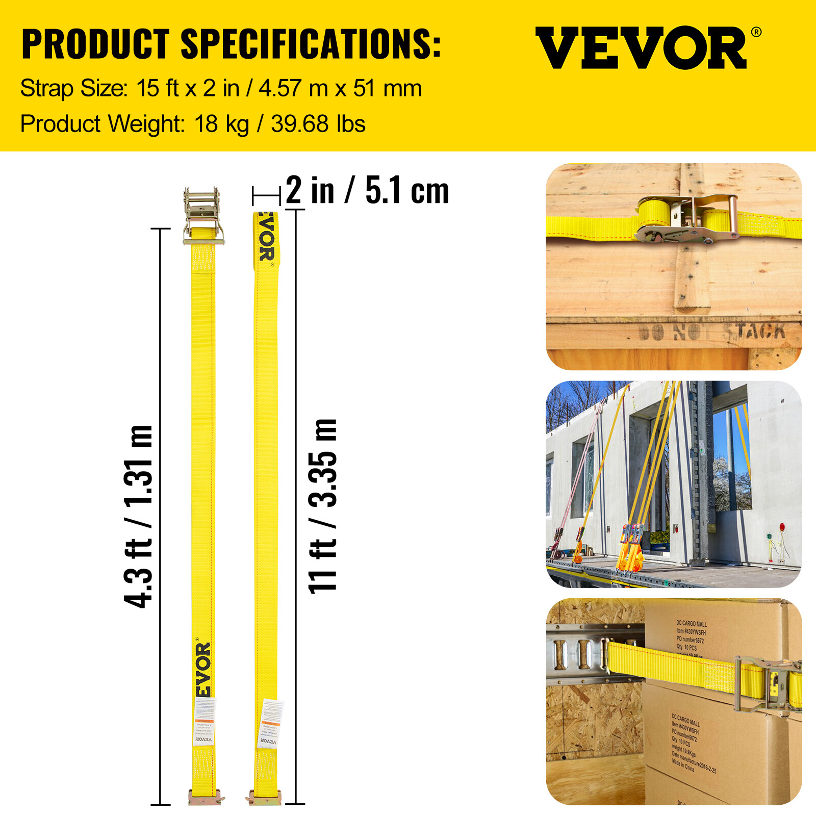 VEVOR 18 Pack E-Track Ratchet 2" x 15' Tie Down Strap 4000 lbs Breaking Strength