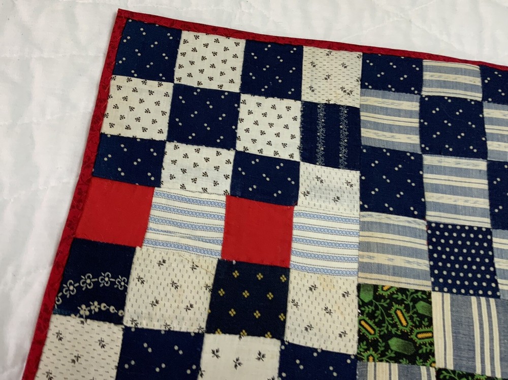 Vintage Antique Patchwork Quilt Table Topper, Four Patch, Early Calicos, Navy