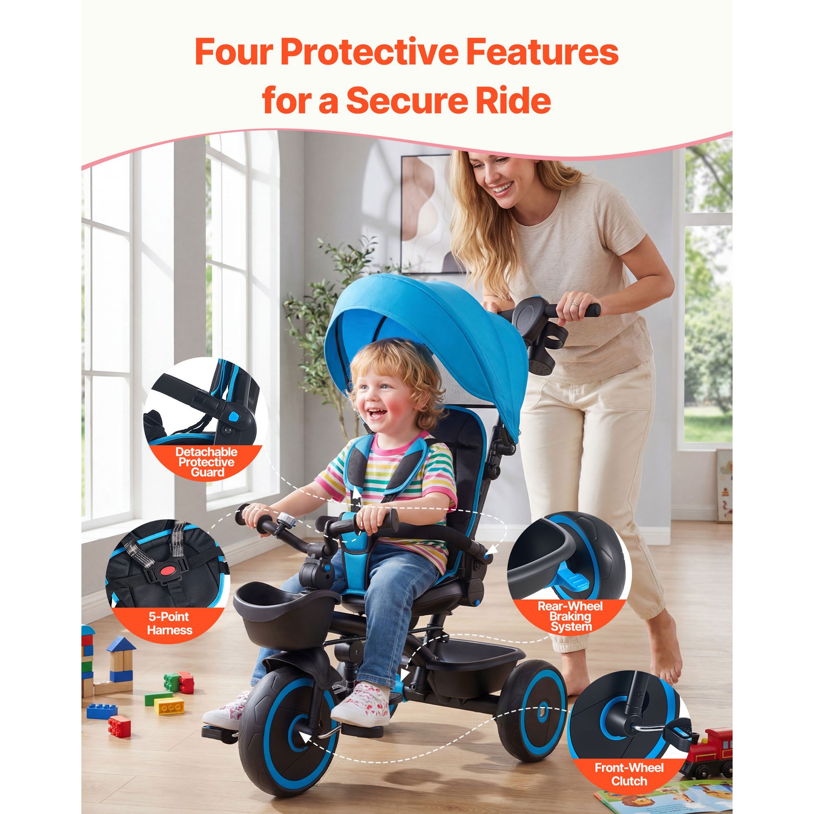 Uimoso 6-in-1 Toddler Tricycle with Push Handle Push Trike for Kids Aged 1-5