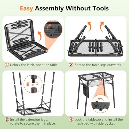 Portable Folding Grill Table - Adjustable Height Camping Table with Mesh Bag, 24