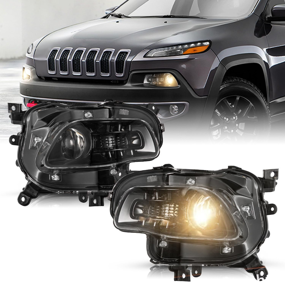 Headlights Assembly Set for 2014-2018 Jeep Cherokee Projector Halogen Headlamp P