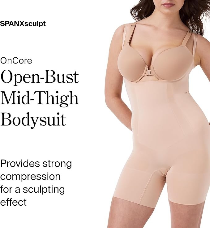 SPANX 10130R OnCore Open-Bust Mid-Thigh Bodysuit Compression Soft Nude Size M