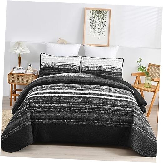 Striped Quilt Set Size, Boho Stripe Patchwork Bedspread Coverlet King Black