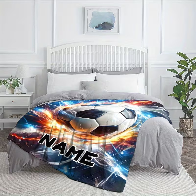 Personalized Soccer Theme Flannel Blanket Custom Name Cozy Sofa Throw