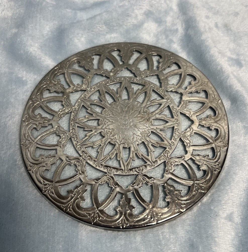 Silver Plate Round Trivet Glass Back 6” Diameter