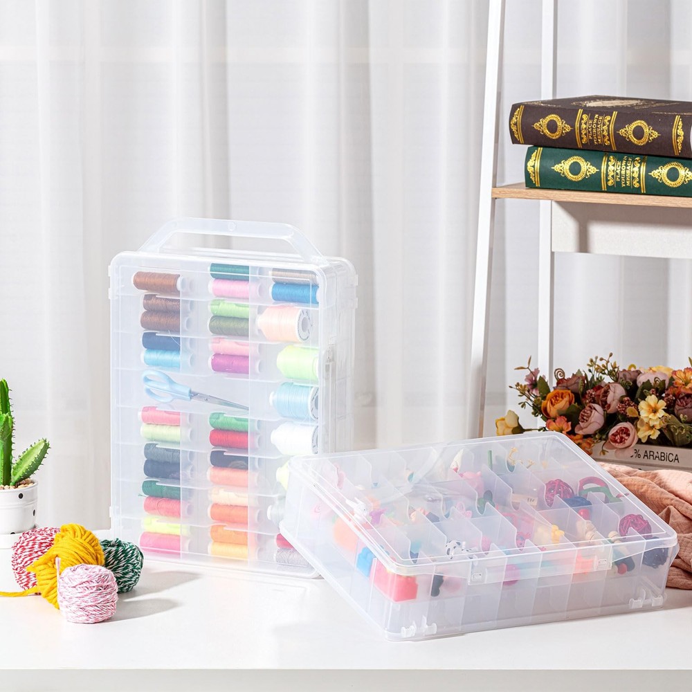 2 Pcs 46 Grids Sewing Organizer Double Sided Thread Storage Portable Clear Pl...