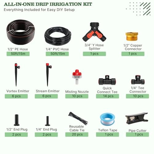 100FT Drip Irrigation Kit, All-in-One Quick-Connect System 100FT Complete Kit