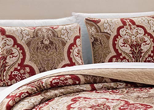 Bedspread Set Damask Pattern Burgundy Brown New () Full/Queen Taupe