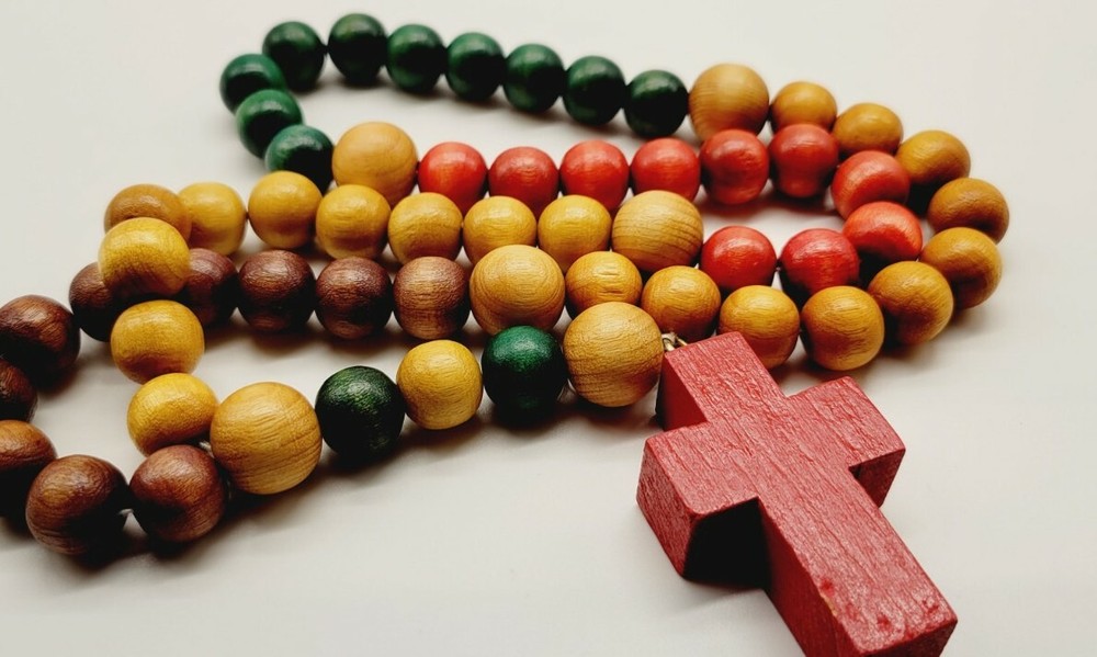 Wood Beaded Rosary Multicolor ROSARY 21" Brown Green Distressed HUGE