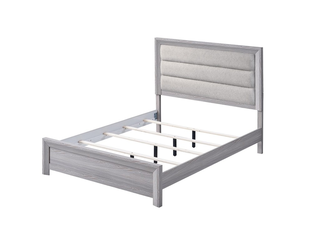3Pc Rustic Gray Finish Full Upholstered Panel Bed Chest Nightstand Bedroom Set