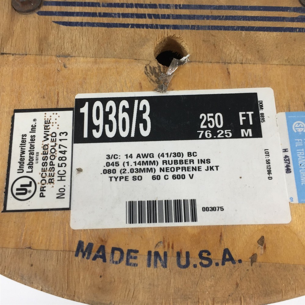 Alpha 1936/3 Multi-Conductor Cable 14awg 3/C Solid 250' Black