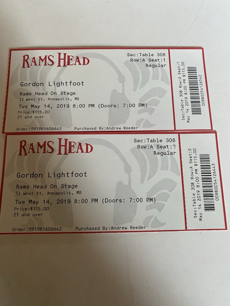 Concert Ticket Stub 2 Gordon Lightfoot 2019 Rams Head MD