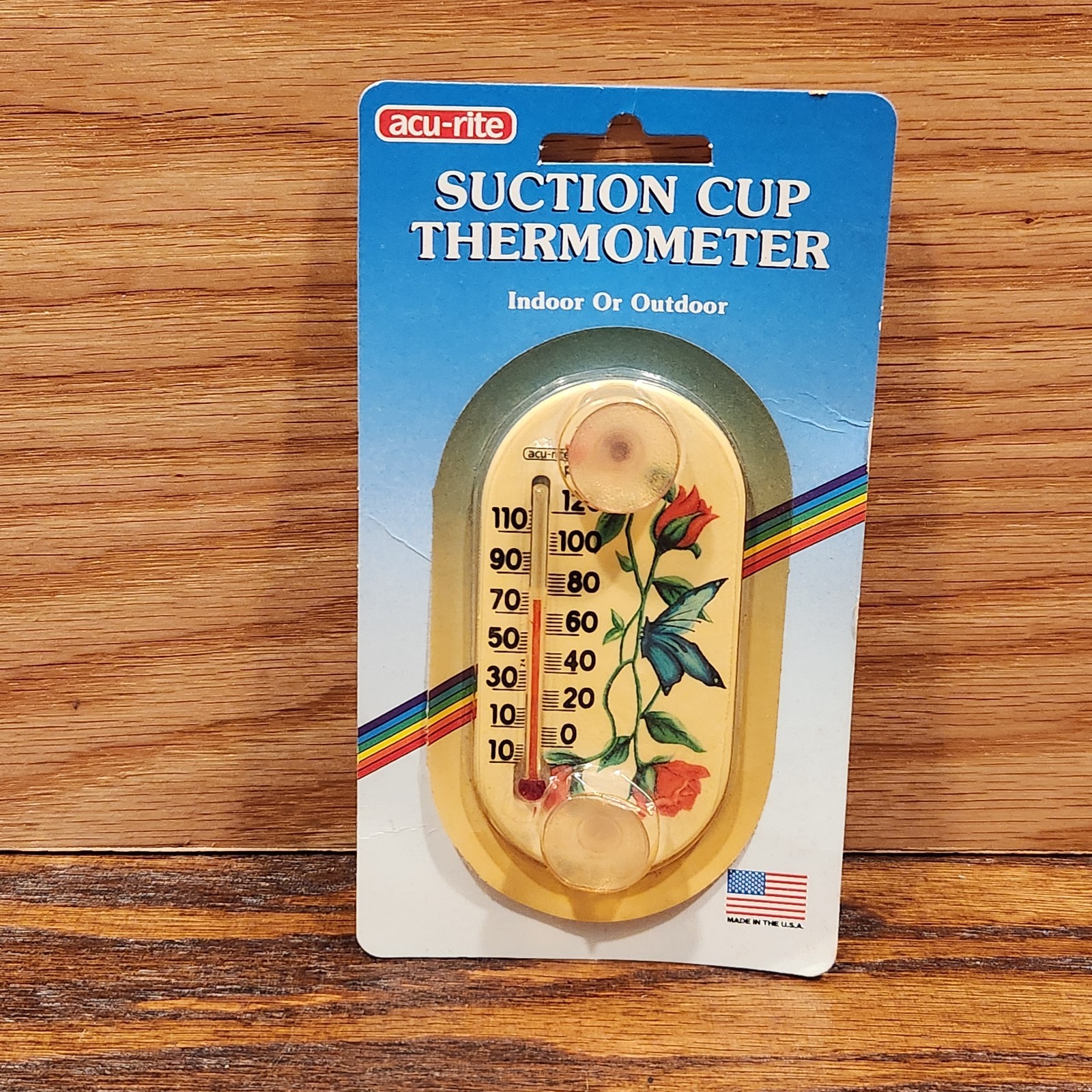 Vintage AcuRite Indoor Outdoor Decor Butterfly Flowers Suction Cup Thermometer