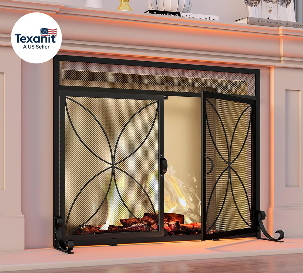 Fireplace Screen with Magnetic Doors,Handcrafted Wrought Iron Classical Scroll D