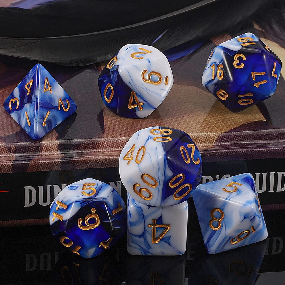 7 Pcs DND Dice Set Blue White Polyhedral RPG Dice with Bag for Dungeons Games