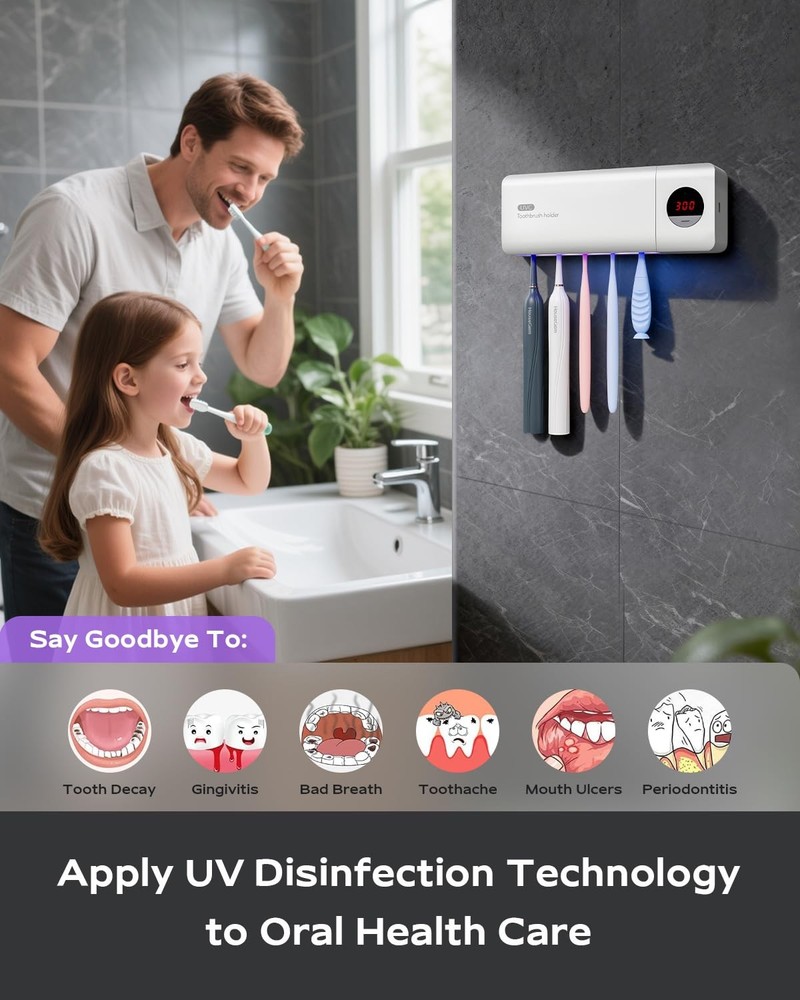 HouseGem Toothbrush Holder, Timer Function, 2000mAh Rechargeable Cordless Wal...