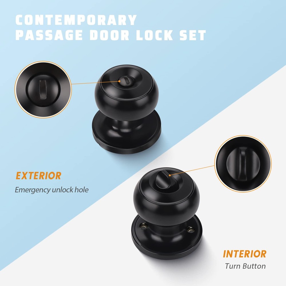 KNOBWELL 5 Pack Matte Black Door Knobs Privacy Knob for 5 Pack,
