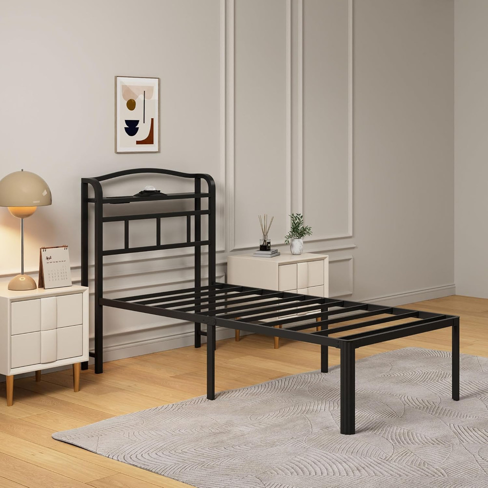 Twin Bed Frame w/ Headboard, 18" Bedframe w/ Galaxy Aurora Projector & Charging