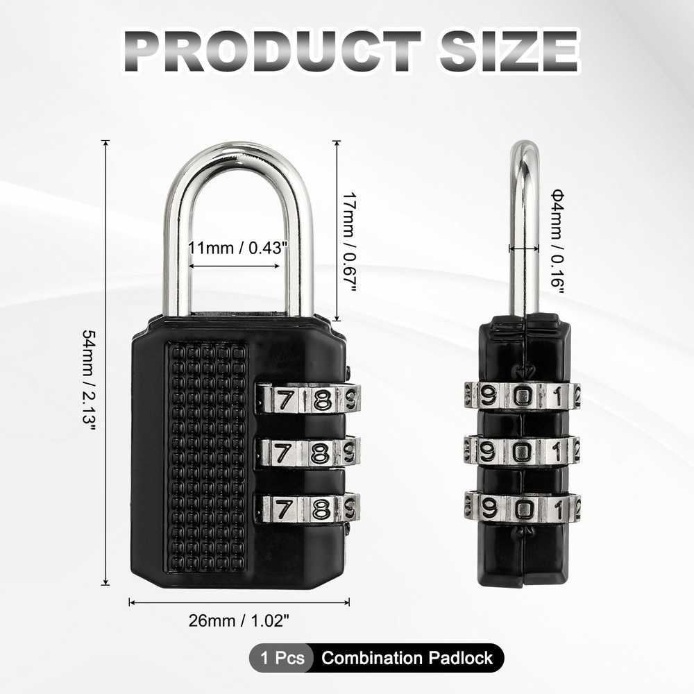 Combination Padlock (Medium, Black), 3-Digit Shackle Code Locks