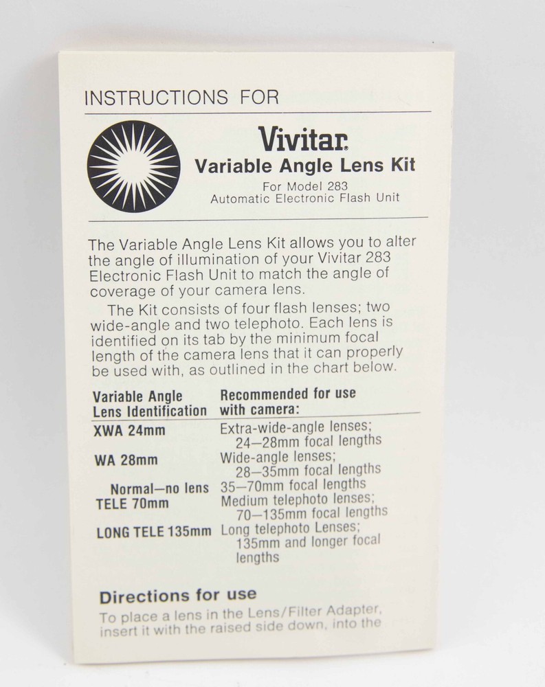 Vivitar Variable Angle Lens Kit for Vivitar 283 Flash